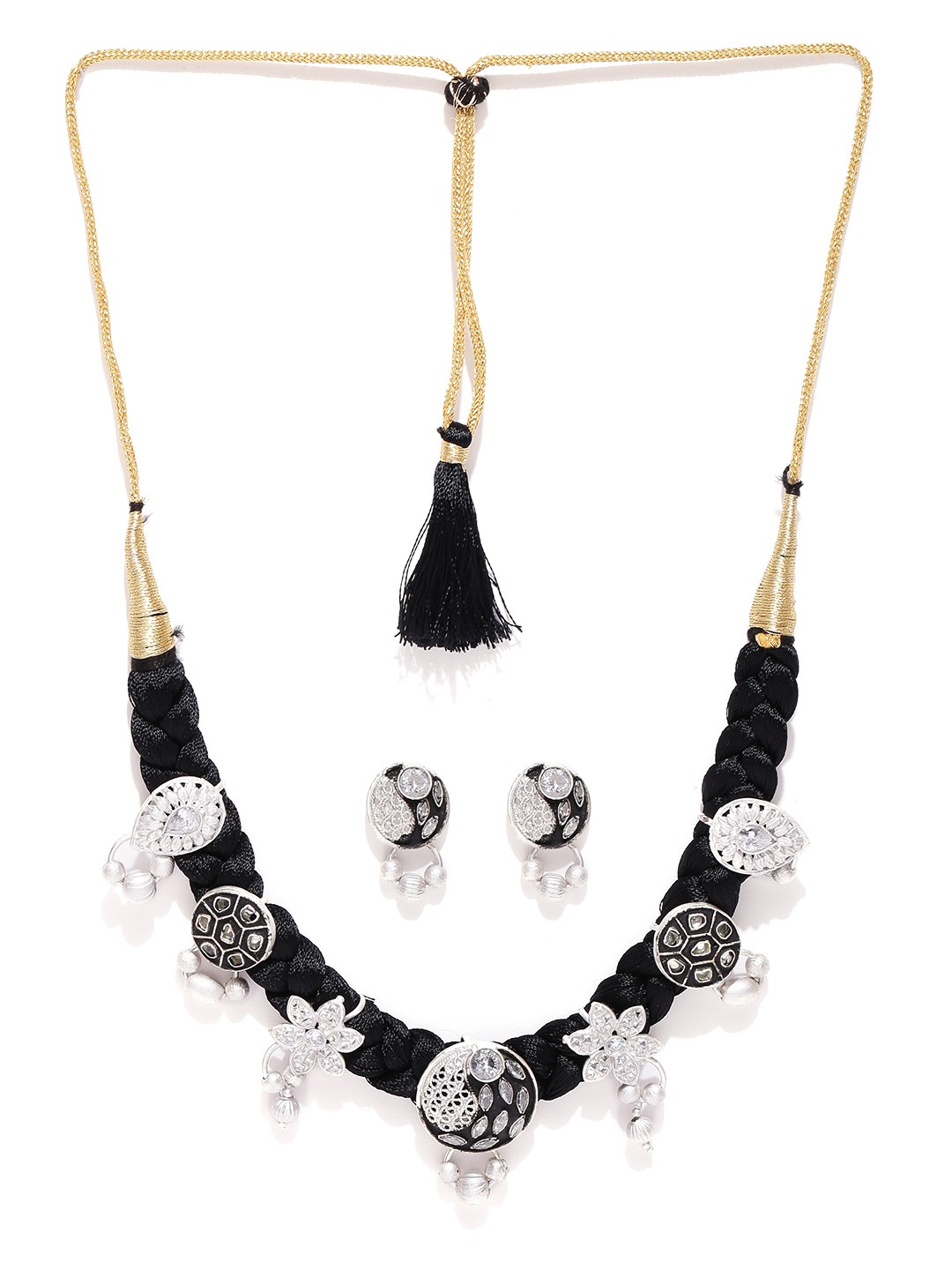YouBella Black Silver-Toned Stone-Studded Braided Jewellery Set